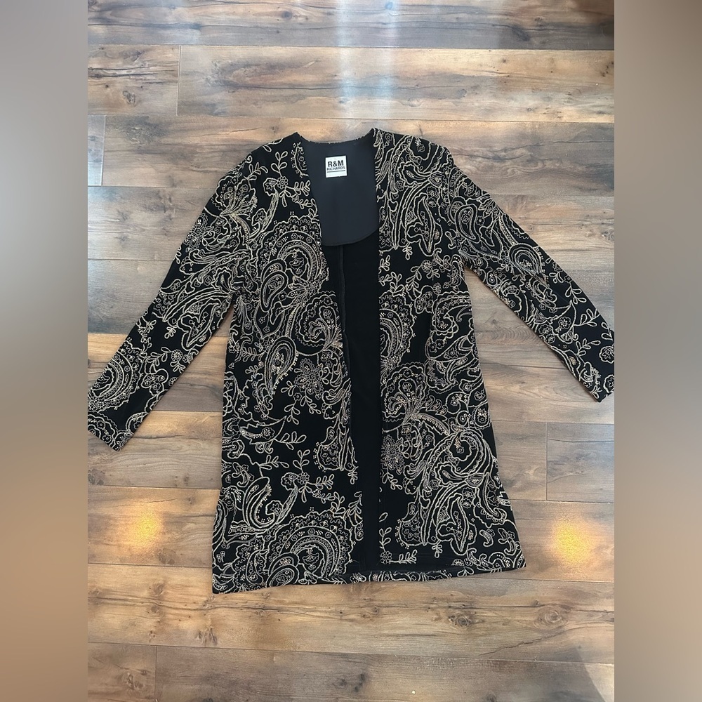 R&M Richards Black Gold Metallic Paisley Jacket | Longline Evening Duster
